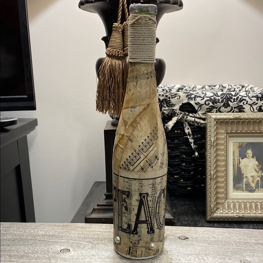 Vintage Sheet Music Decoupage Handmade Up Cycled “PEACE” Wine Bottle!